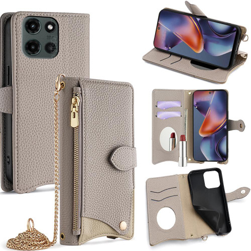 Moto G 2025 Crossbody Chain Fishtail Litchi Leather Phone Case - Grey